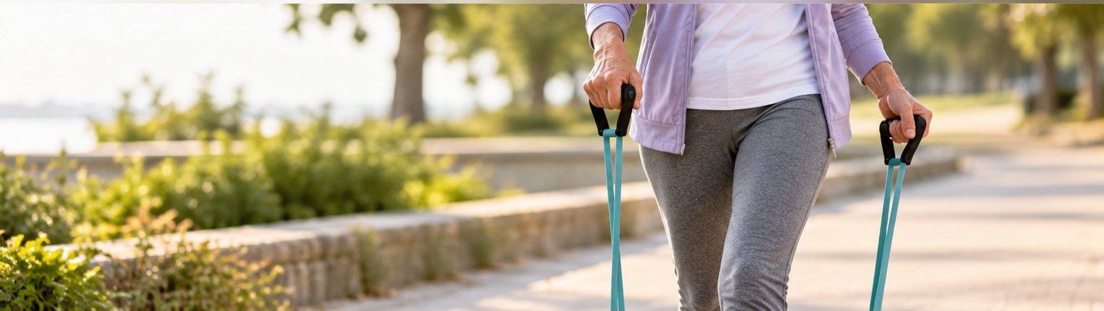 Persona adulta mayor caminando con bastones nórdicos para fortalecer los huesos y prevenir la osteoporosis