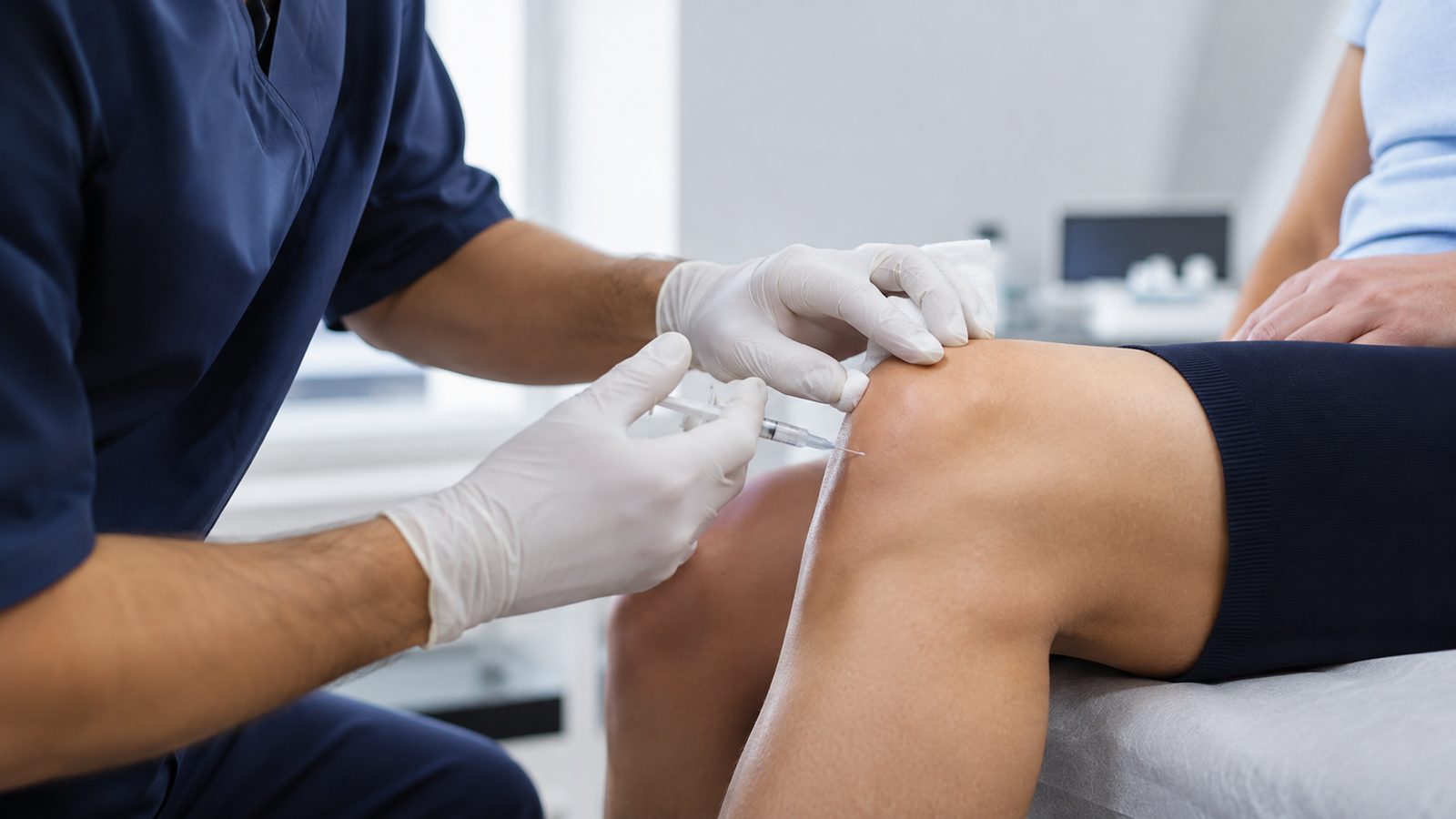 Ortopedista aplicando viscosuplementación con ácido hialurónico en la rodilla de una paciente